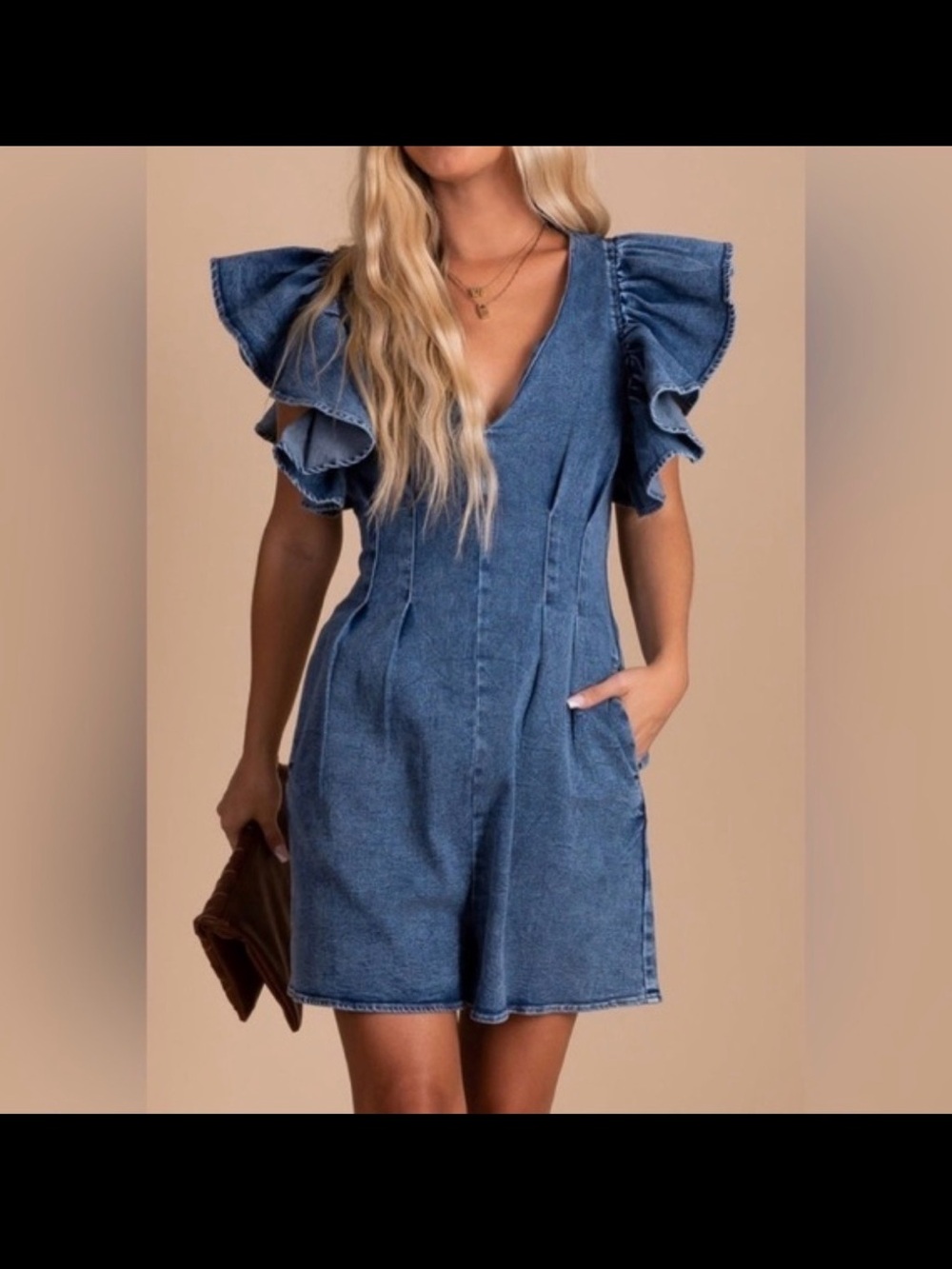 Denim Flutter Sleeve Romper - Blue
